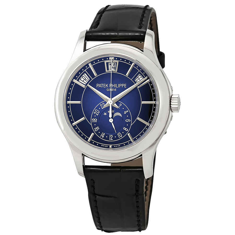 Patek Philippe Complications Moon Phases Annual Calendar Automatic Blue Sunburst Dial Mens Watch 5205G-013