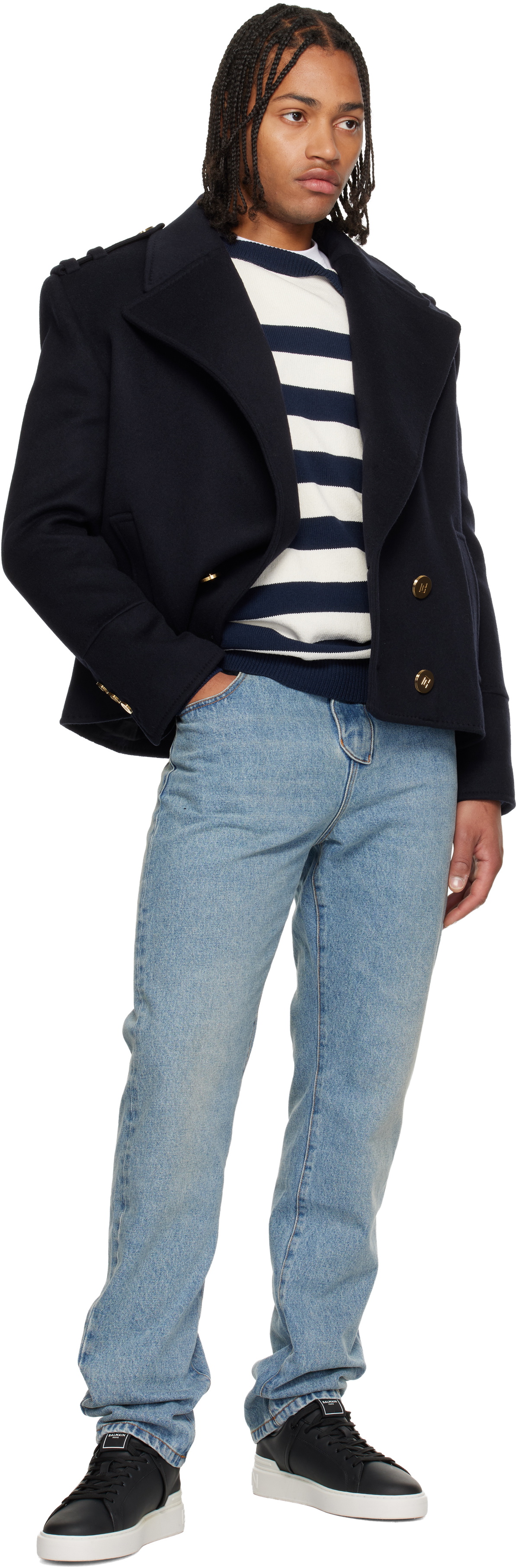 Balmain Navy Cropped Wool Reefer Jacket