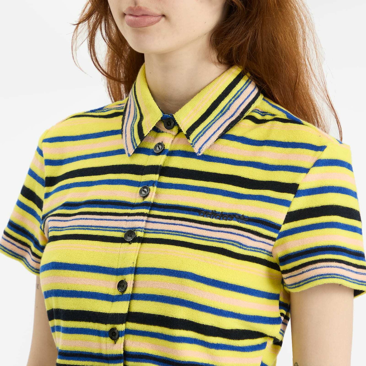 Adidas Women's Towel Button-Up T-Shirt in Pure Sulfur/Blue/Black/Pink