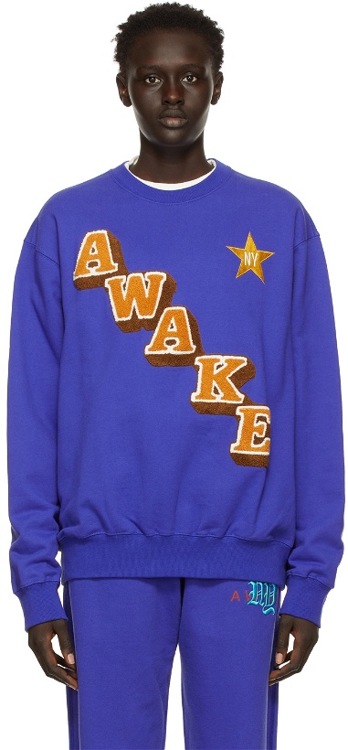 Photo: Awake NY Navy Stacked Logo Crewneck Sweatshirt