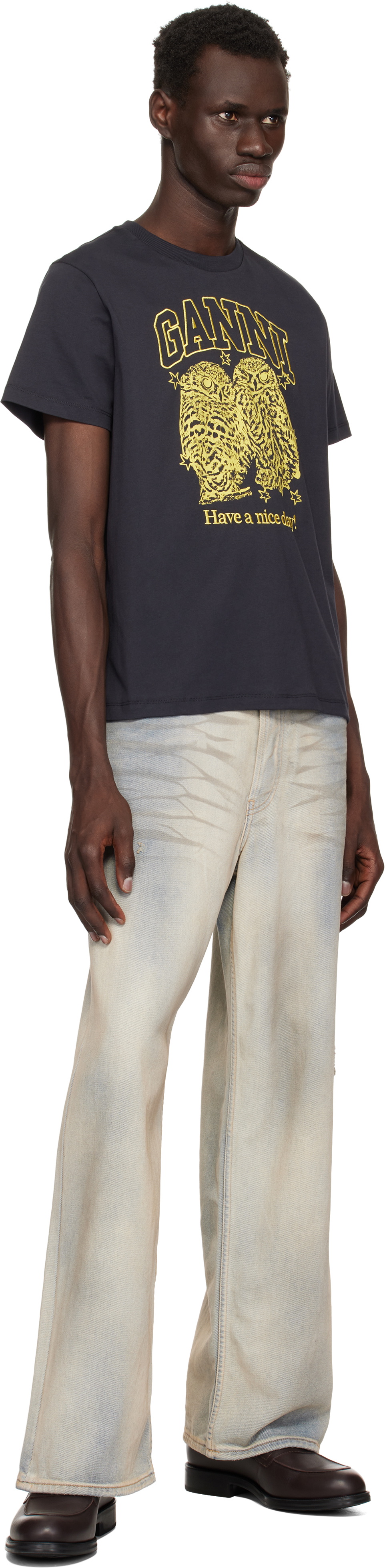 GANNI Black Basic Jersey Owls Relaxed T-shirt