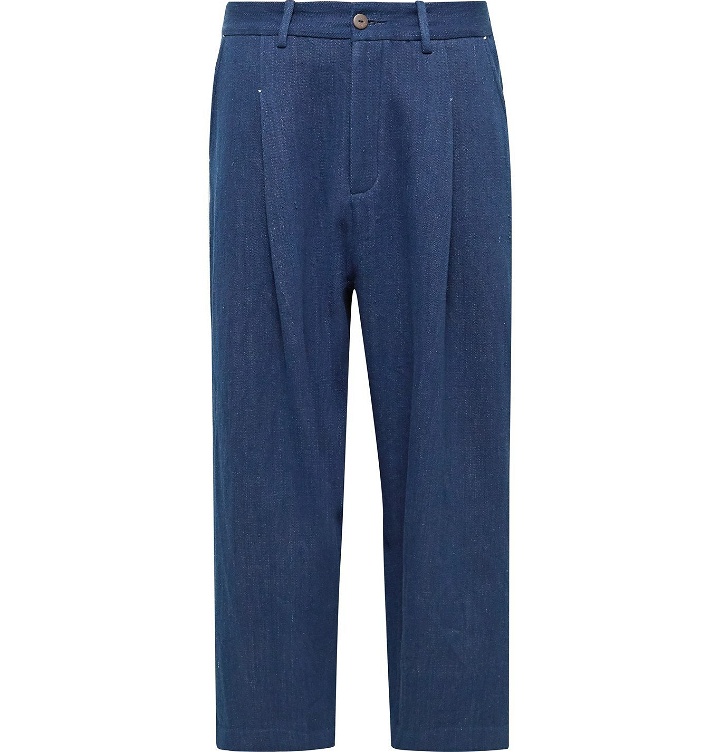 Photo: 11.11/eleven eleven - Ride Wide-Leg Cropped Pleated Indigo-Dyed Cotton Trousers - Blue