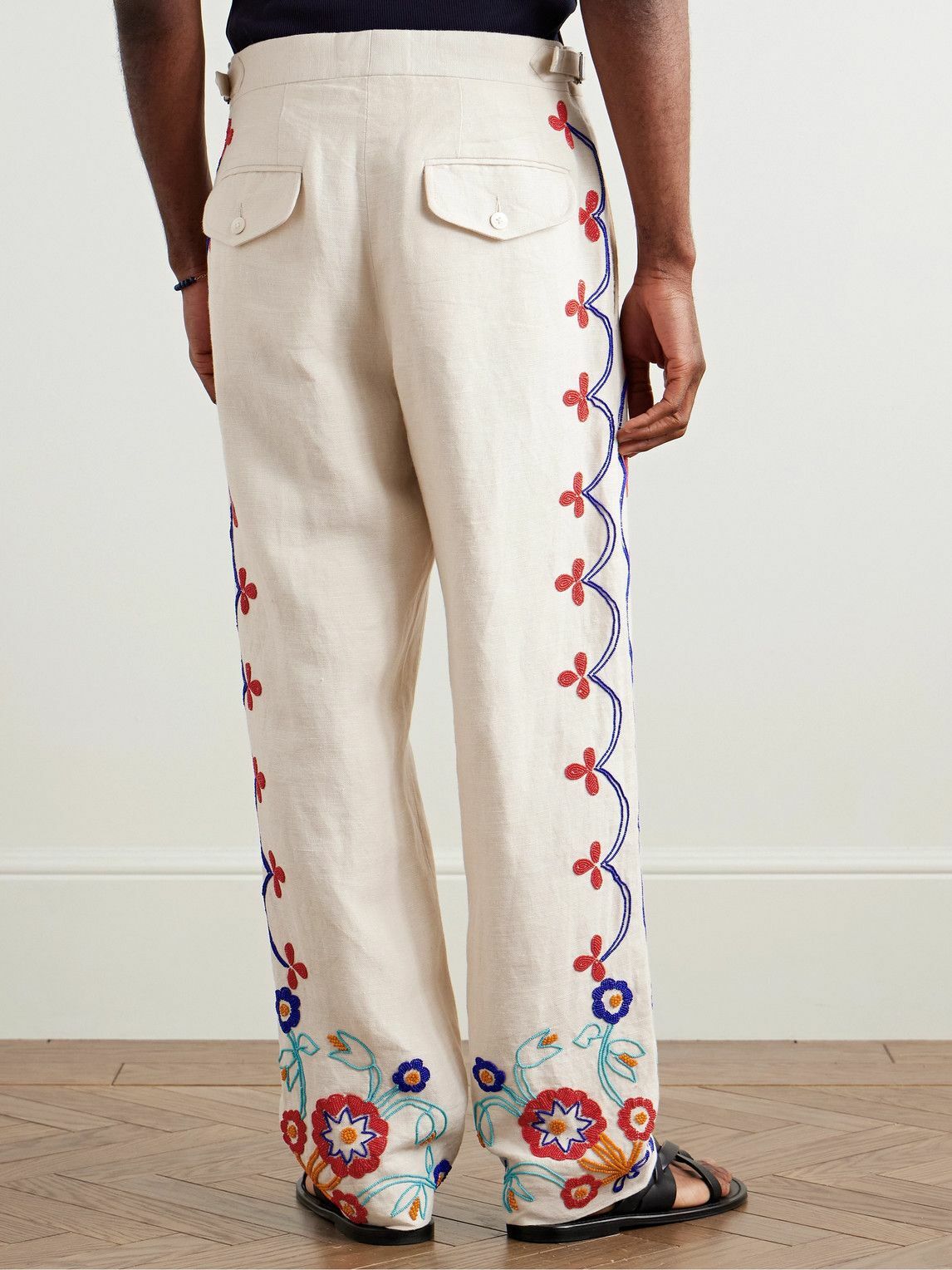 BODE - Garden Party Straight-Leg Bead-Embellished Linen Trousers - Neutrals