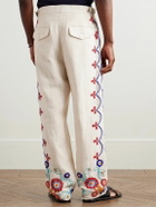 BODE - Garden Party Straight-Leg Bead-Embellished Linen Trousers - Neutrals