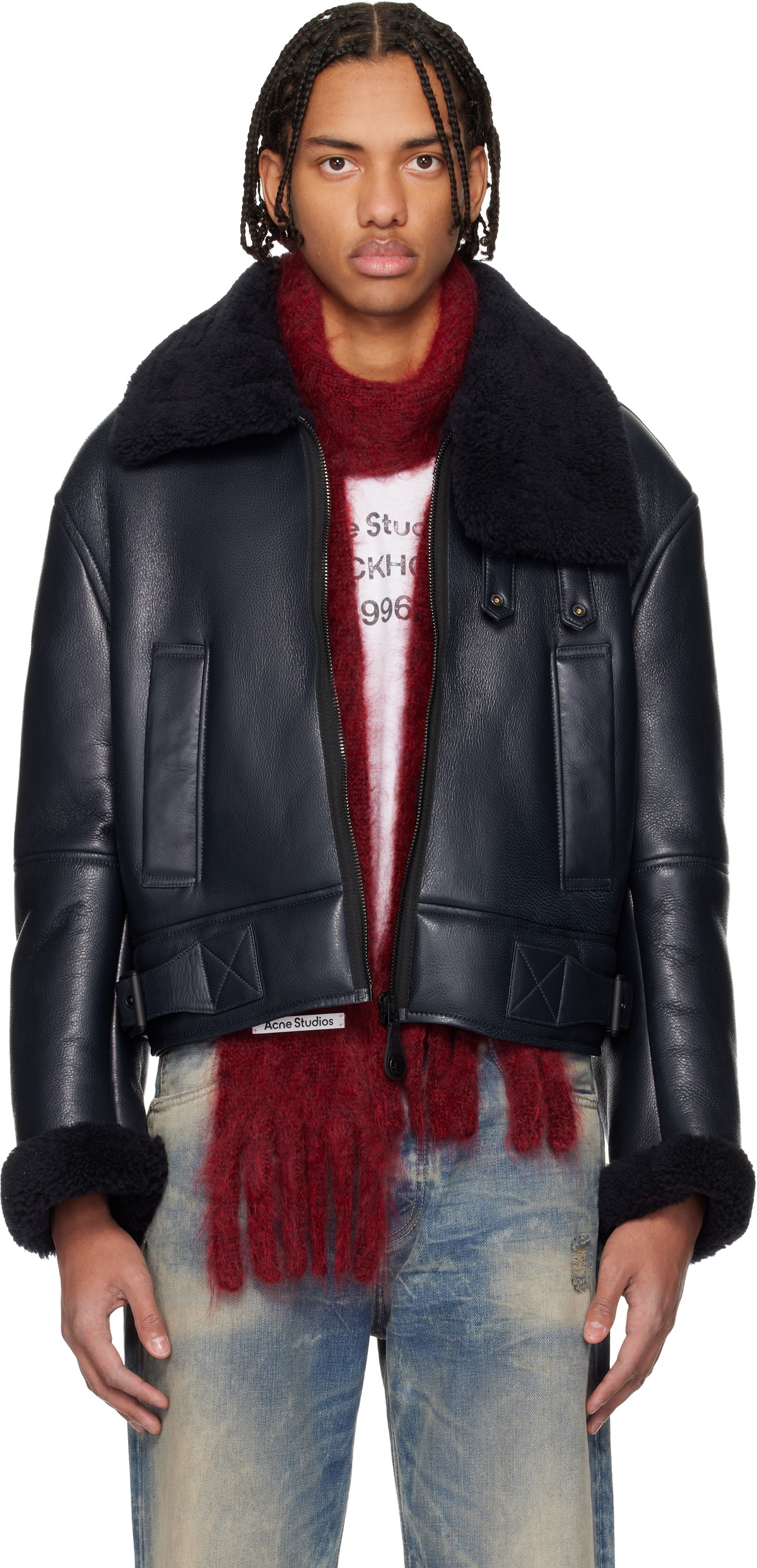 Acne Studios: Navy Lambskin Shearling Jacket | SSENSE