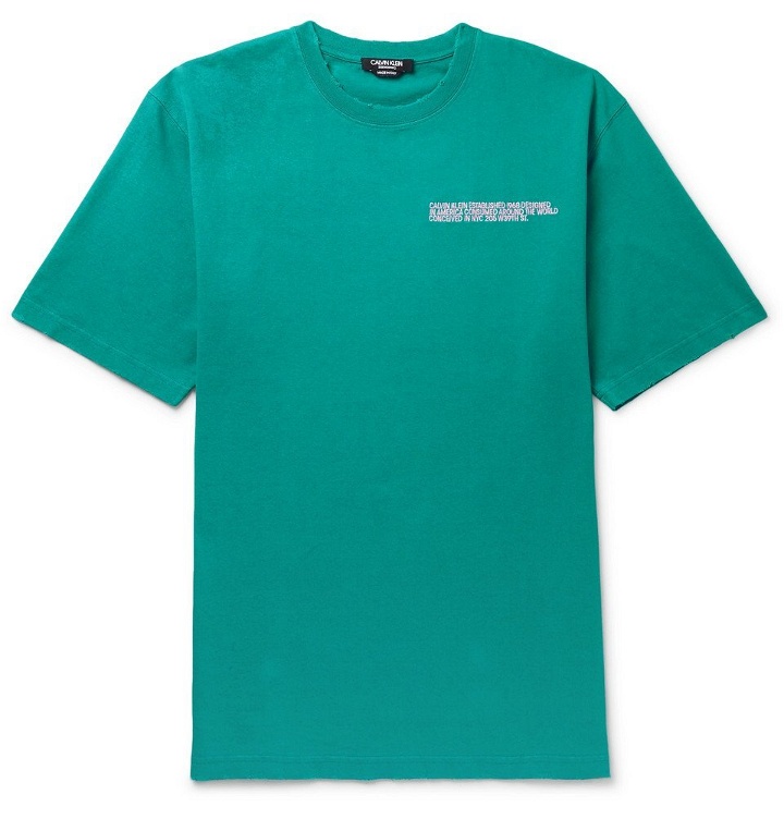 Photo: CALVIN KLEIN 205W39NYC - Oversized Embroidered Distressed Cotton-Jersey T-Shirt - Men - Turquoise