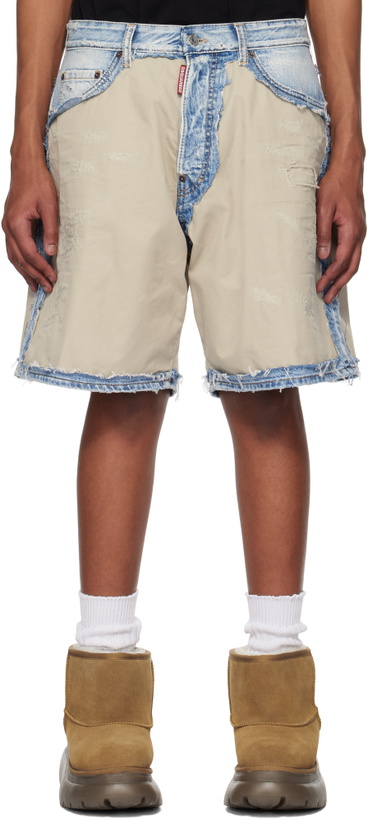 Photo: Dsquared2 Beige & Blue Super Ripped Mixed Boxer Denim Shorts
