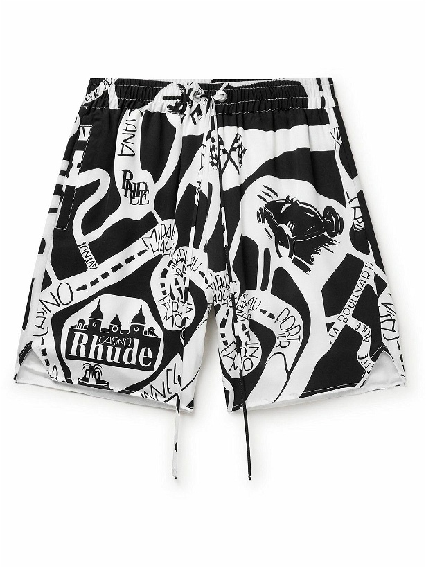 Photo: Rhude - Strada Straight-Leg Logo-Print Silk-Twill Drawstring Shorts - Black