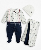 Brooks Brothers Boys Pinstripes & Suspenders Stretch Cotton Footie, Hat & Blanket Set - 6 Months | White