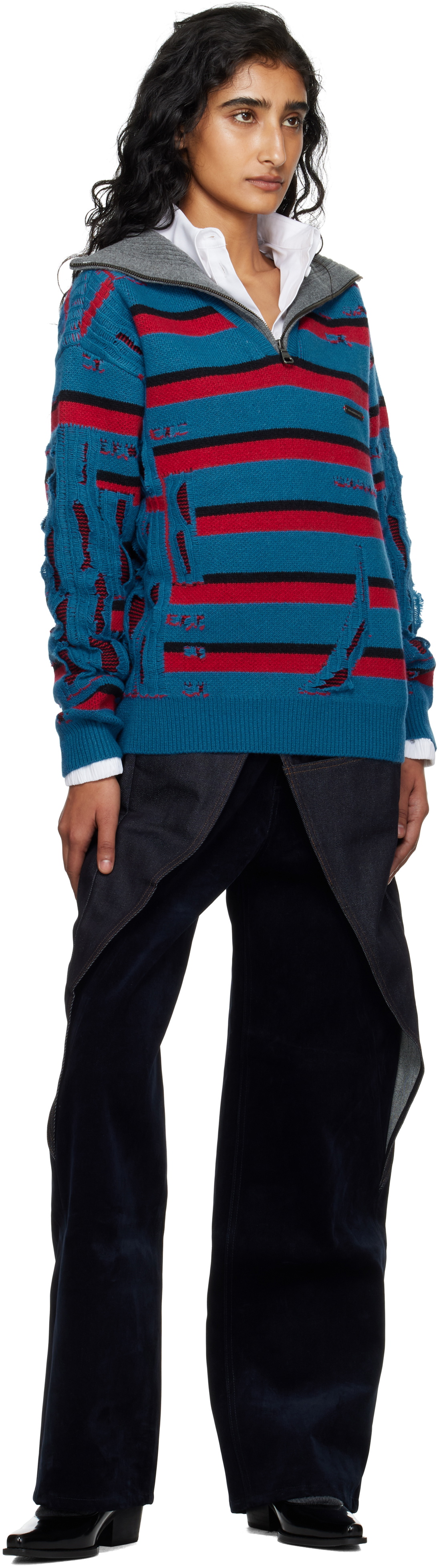 Andersson Bell Blue & Red Stripe Jacquard Half Zip-Up Sweater