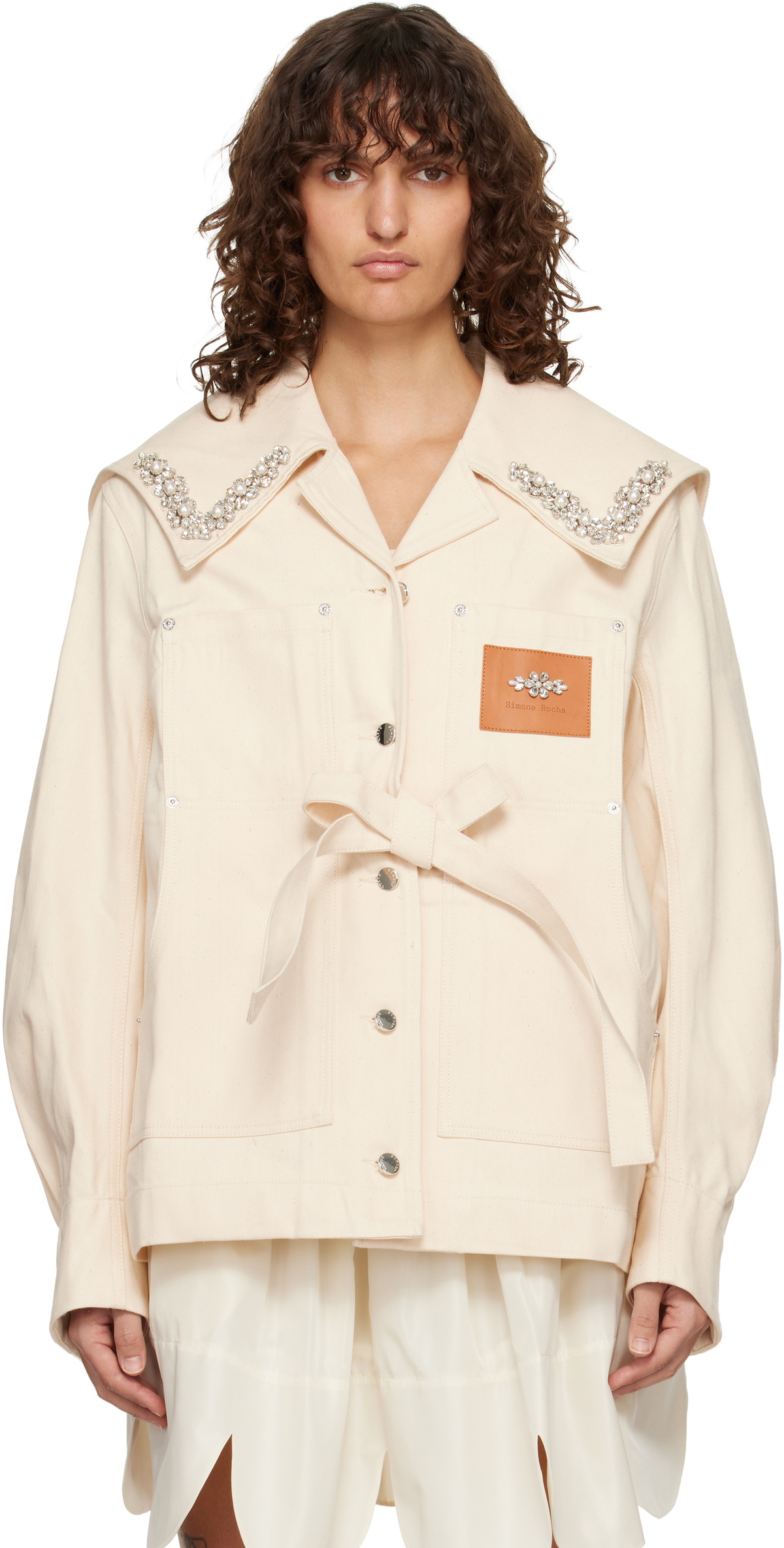 Simone Rocha Off-White Sailor Collar Workwear Bow Denim Jacket