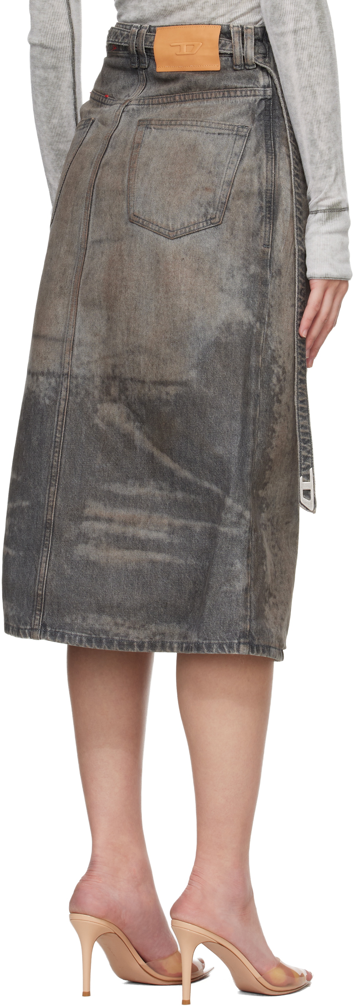 Diesel Gray Cotton-Hemp Satin Denim Midi Skirt