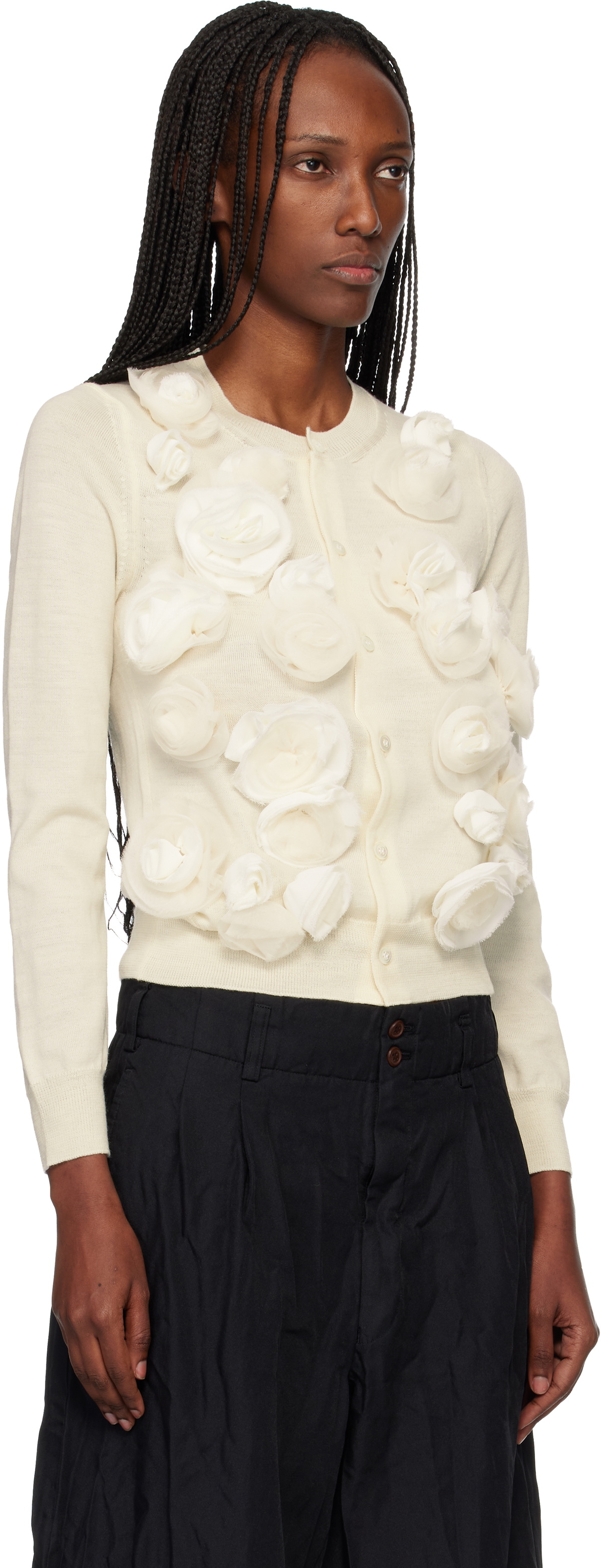 Comme des Garçons Comme des Garçons Off-White Lambswool Jersey X Flower Embroidery Cardigan