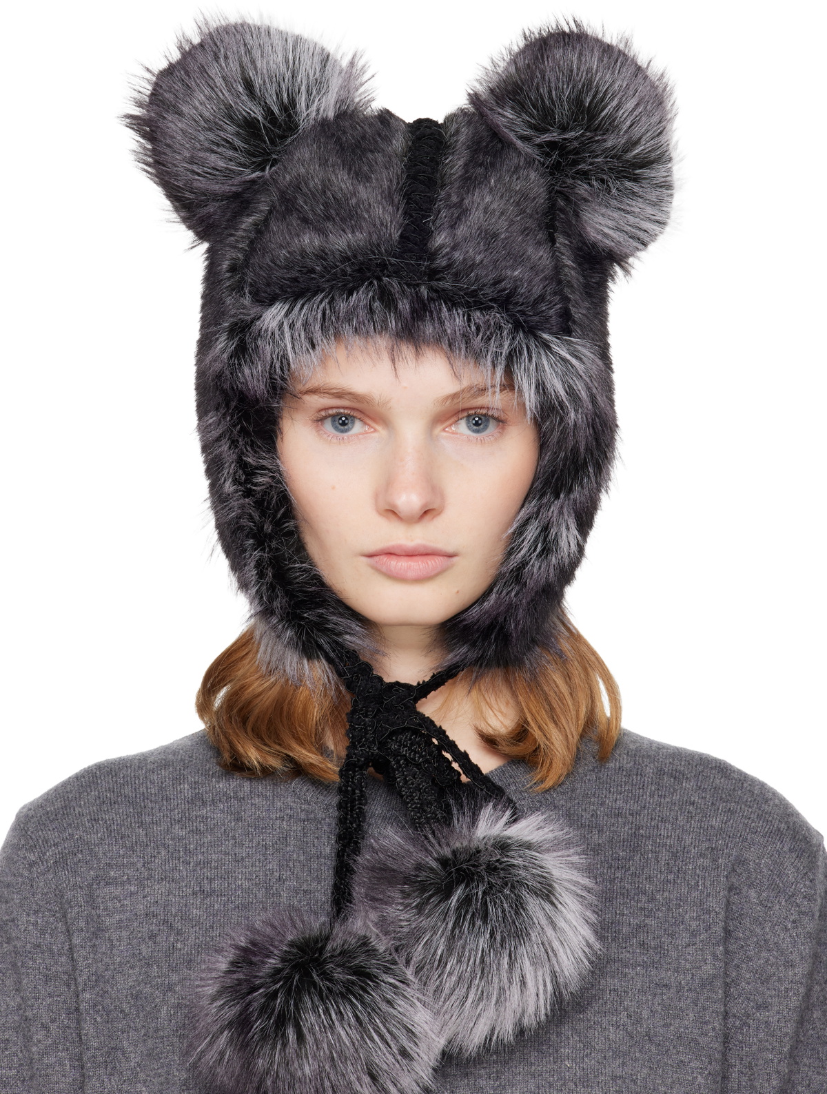 Anna Sui SSENSE Exclusive Black & Gray Faux Fur Teddy Bear Hat