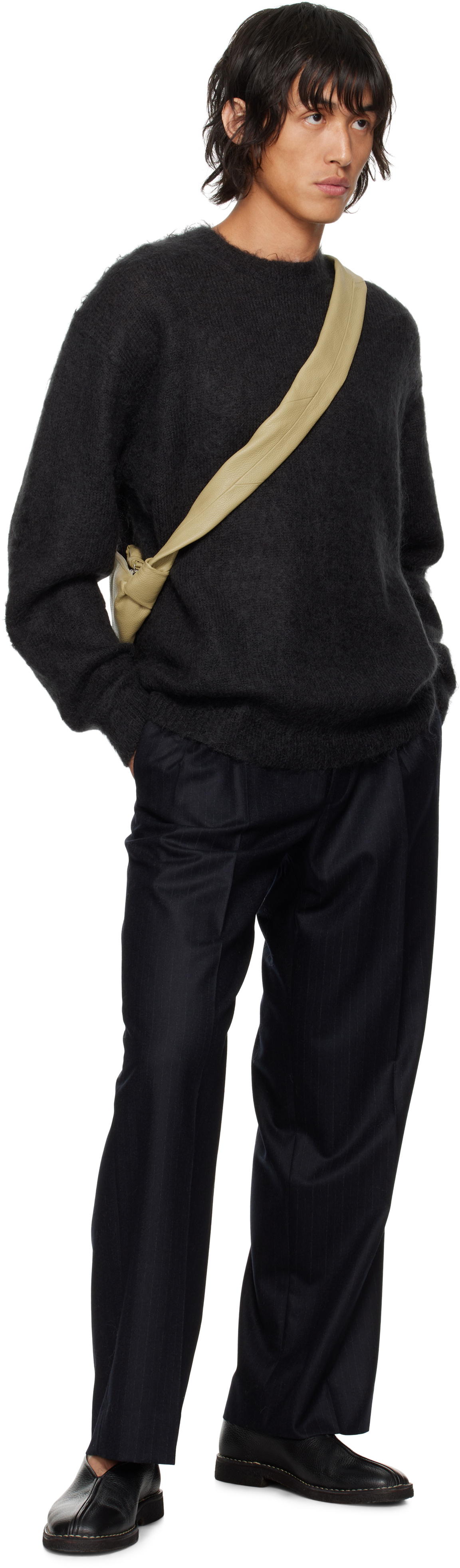 AURALEE Navy Wool Fulling Flannel Stripe Trousers Auralee