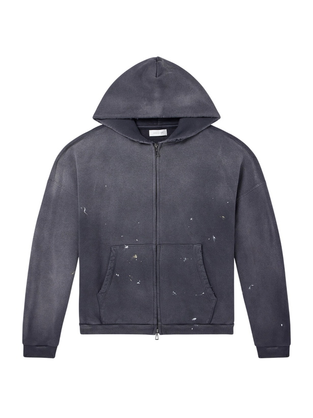 Photo: John Elliott - Odean Frances Paint-Splattered Distressed Cotton-Jersey Zip-Up Hoodie - Gray