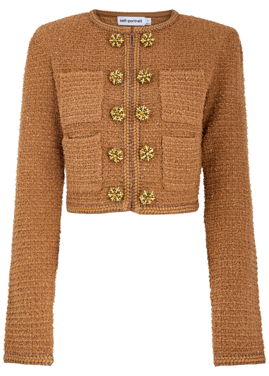 Self-portrait Embellished Bouclé Tweed Jacket Brown Self