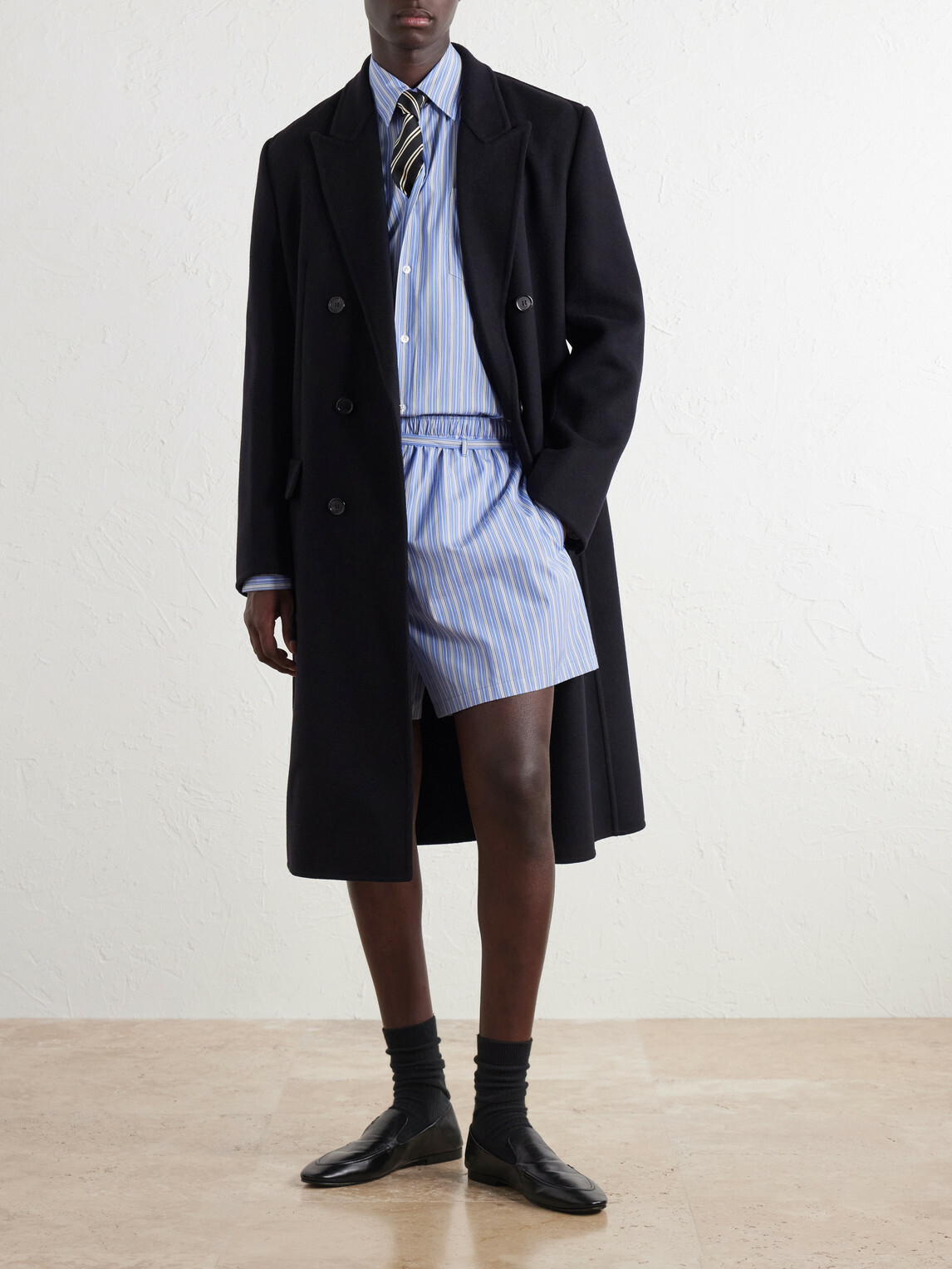 SAINT LAURENT - Straight-Leg Striped Cotton-Poplin Drawstring Shorts - Blue