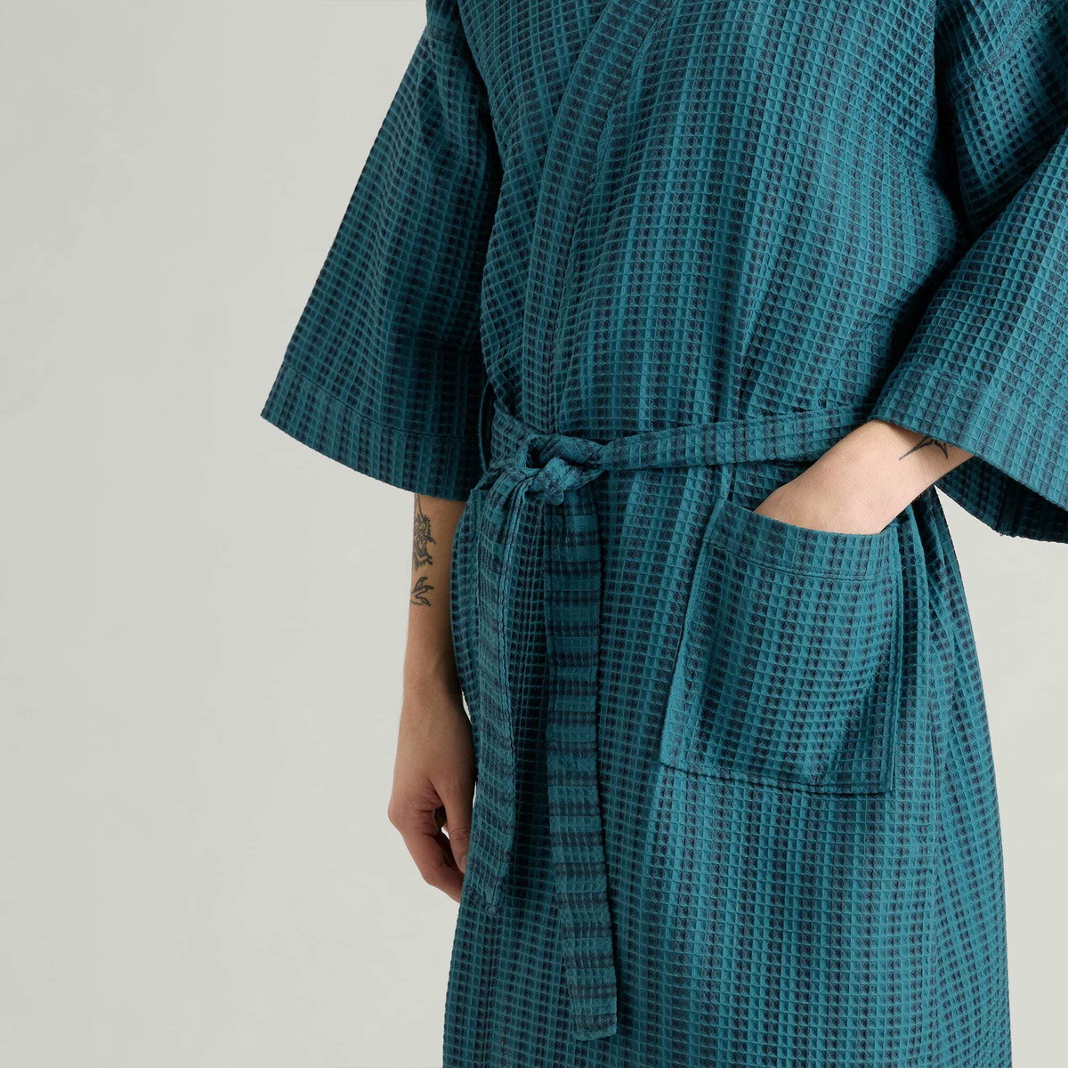 HAY Waffle Bathrobe in Stripe Petrol Blue