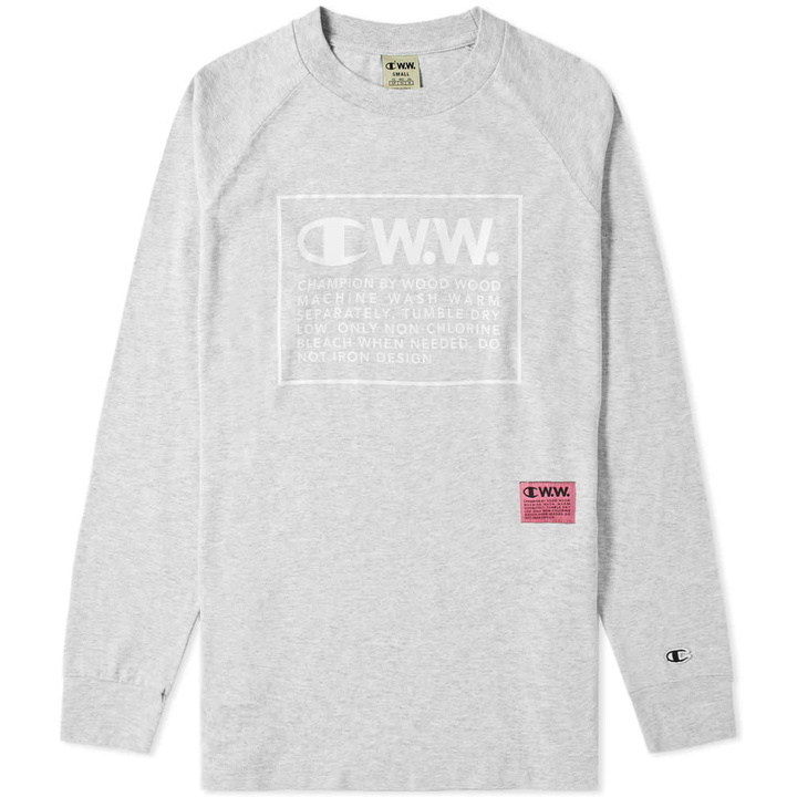 Photo: Champion x Wood Wood Long Sleeve Box Logo Tee Grey