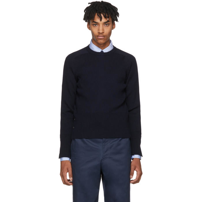 Photo: Thom Browne Navy Saddle Sleeve Crewneck Pullover 