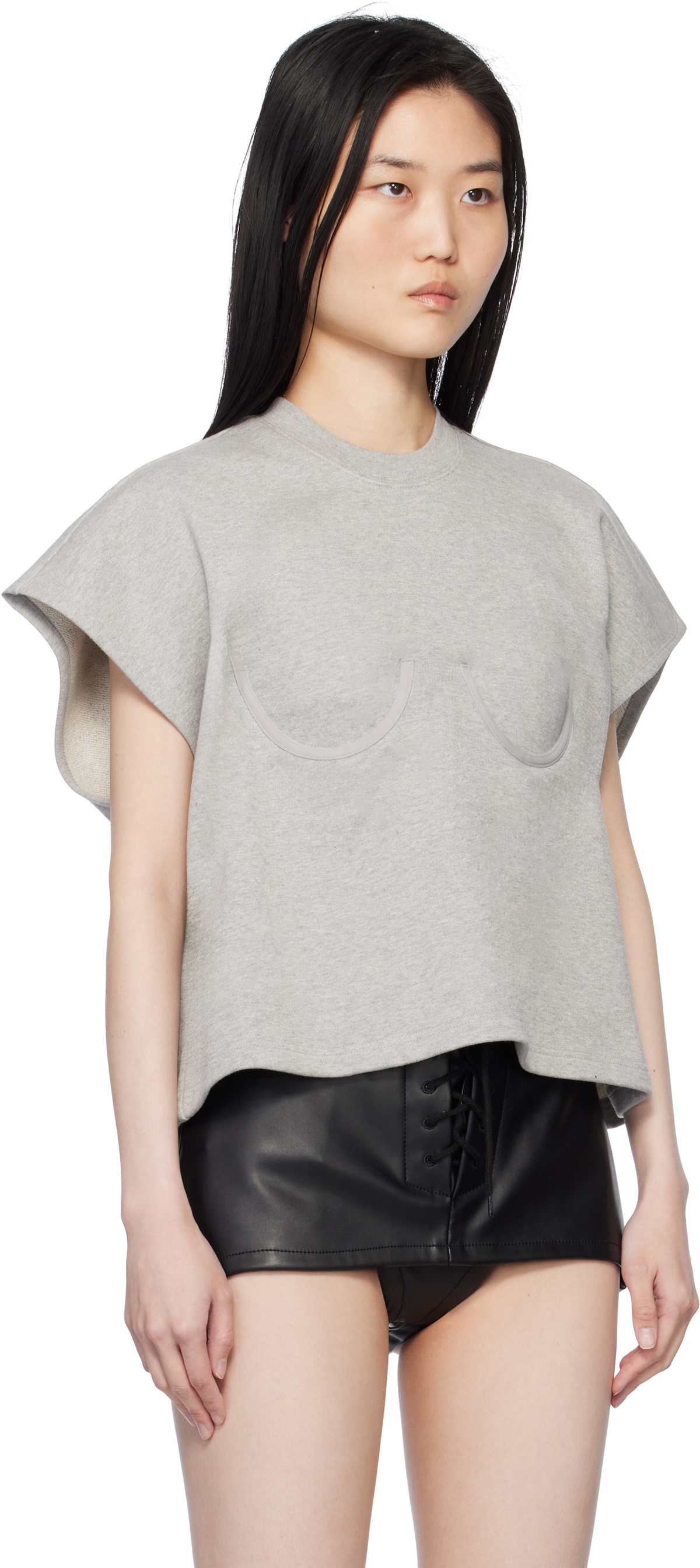 Pushbutton Gray Bra Point Sleeveless Jersey T-shirt