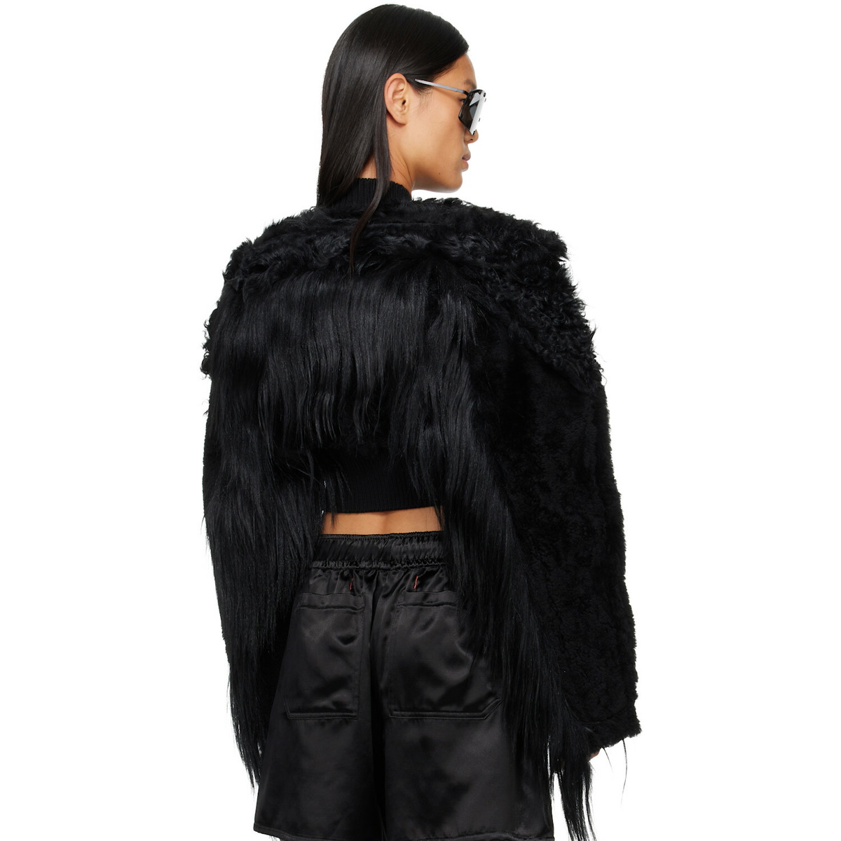Rick Owens Black Tower Collage Cropped Shearling Bomber Jacket