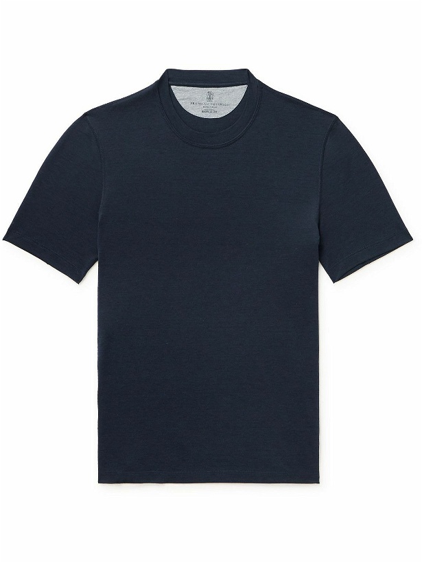 Photo: Brunello Cucinelli - Silk and Cotton-Blend T-Shirt - Blue