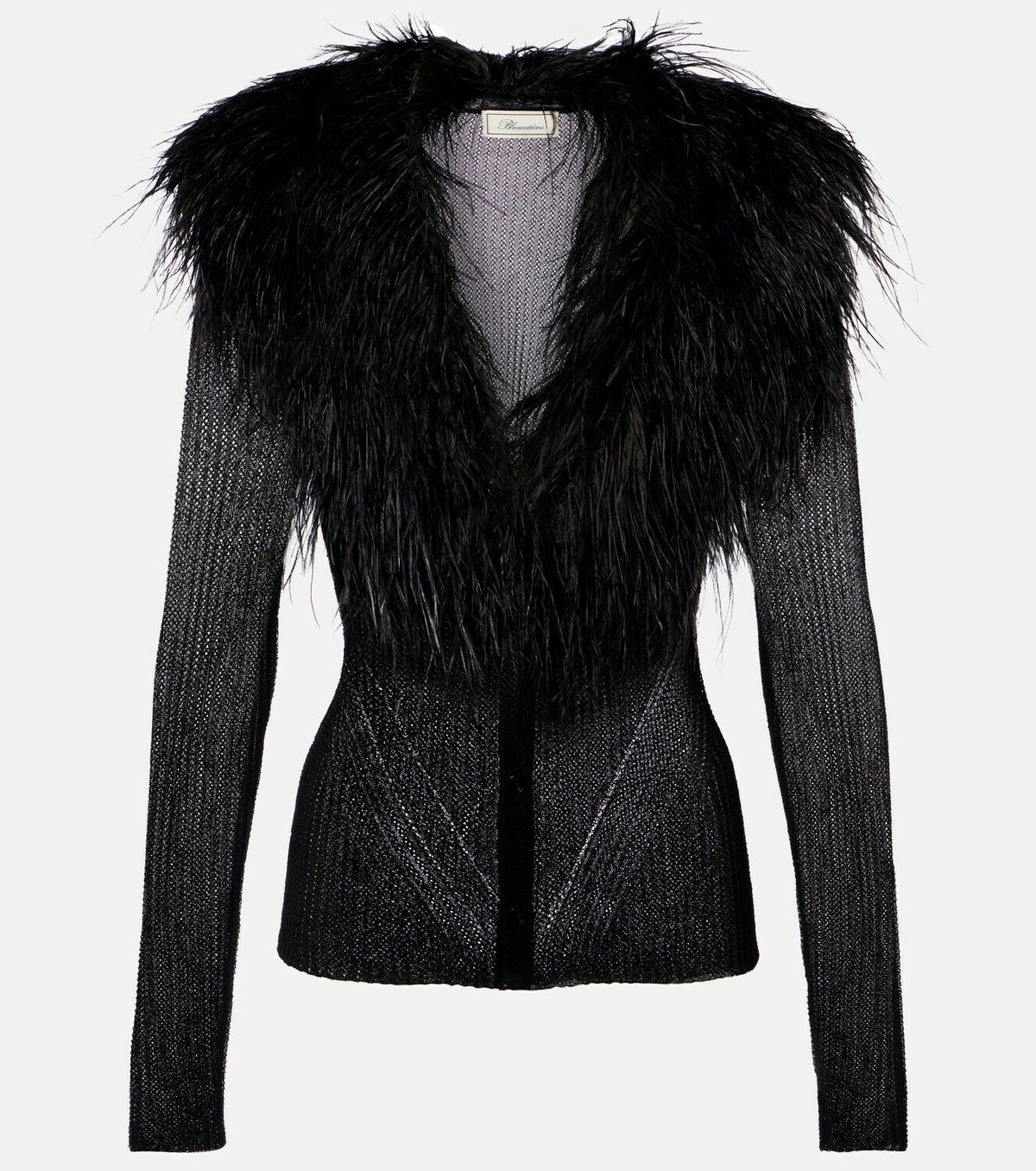 Blumarine Feather-trimmed ribbed-knit cardigan