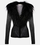 Blumarine Feather-trimmed ribbed-knit cardigan
