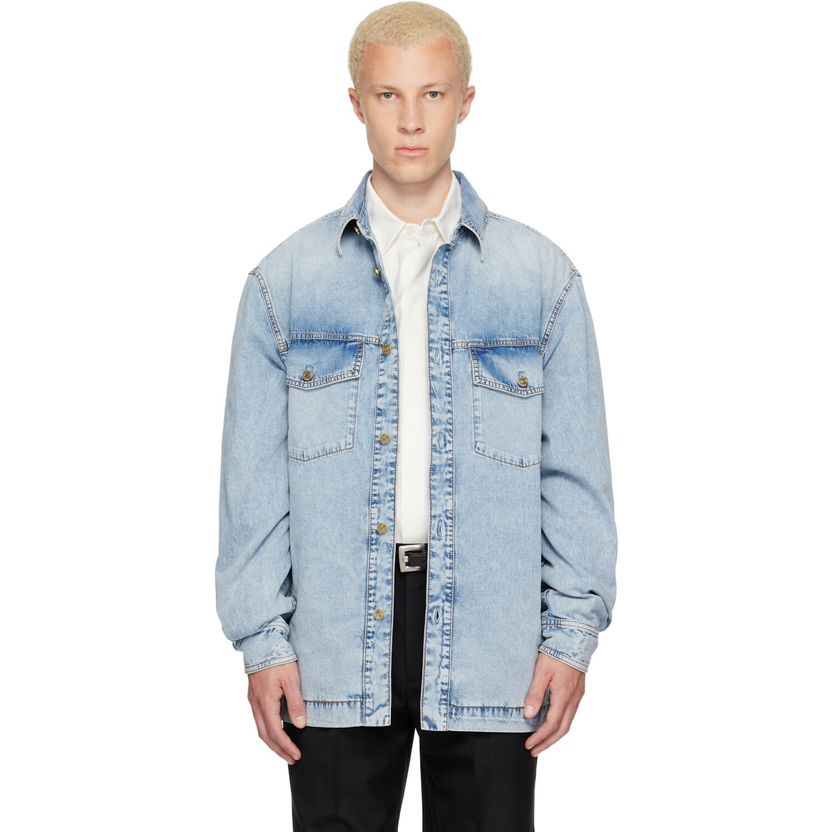 BALMAIN Blue Faded Denim Shirt