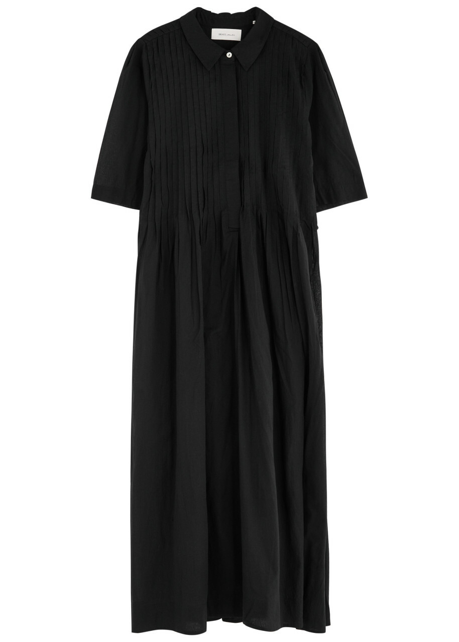 Skall Studio Dot Pintuck Cotton Midi Shirt Dress Black