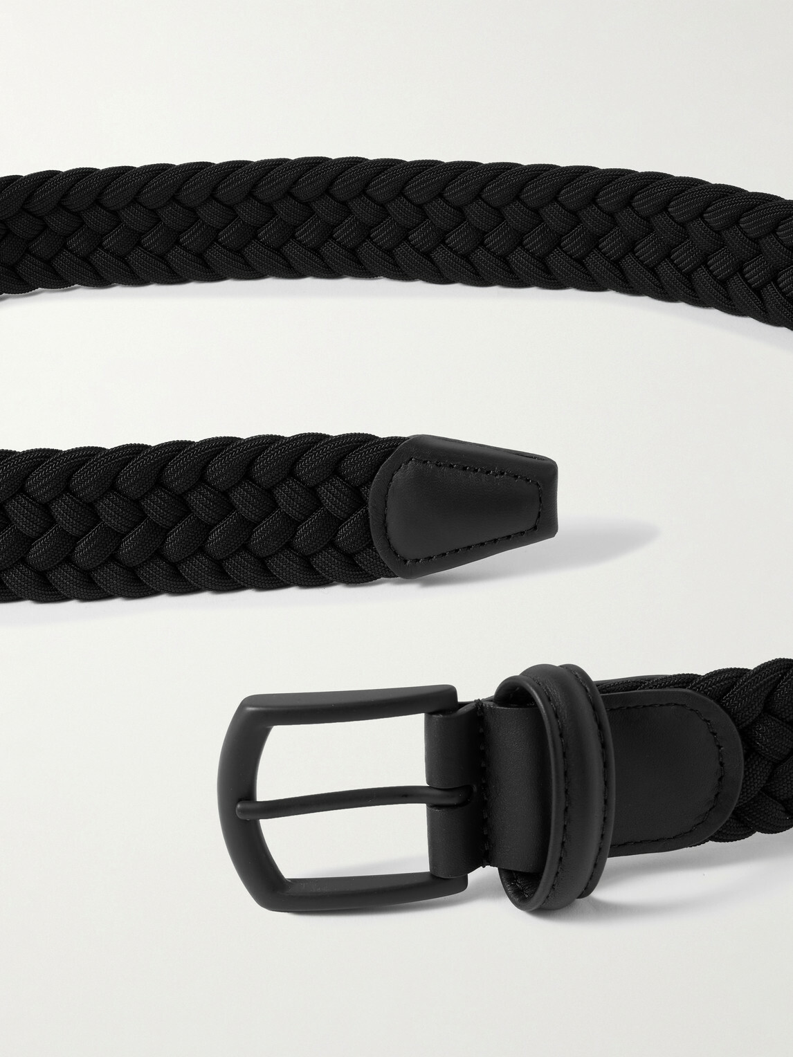 Anderson's - 3.5cm Leather-Trimmed Woven Elastic Belt - Black