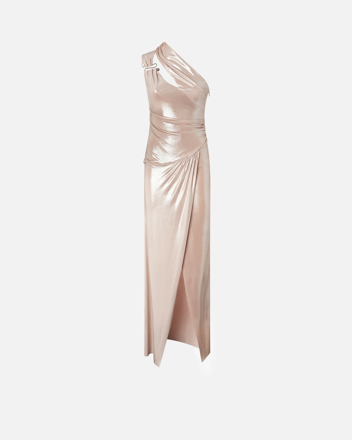 Elena nude formal dress (with single off shoulder sleeve ,a slit and corset back )