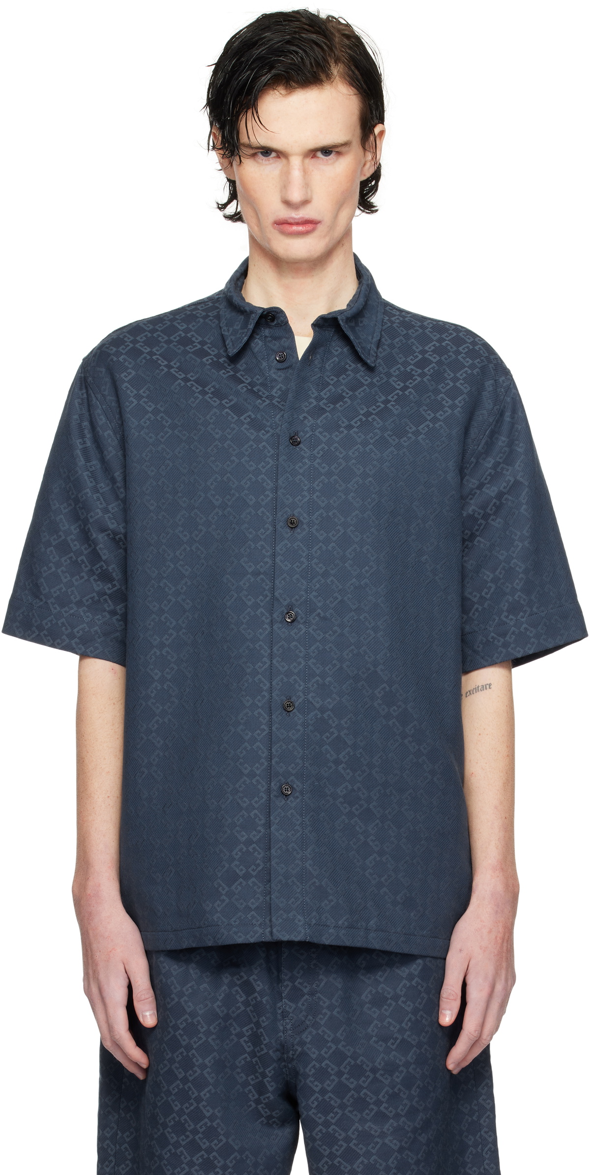 Givenchy: Navy Shiny Monogram 72 Denim Shirt | SSENSE