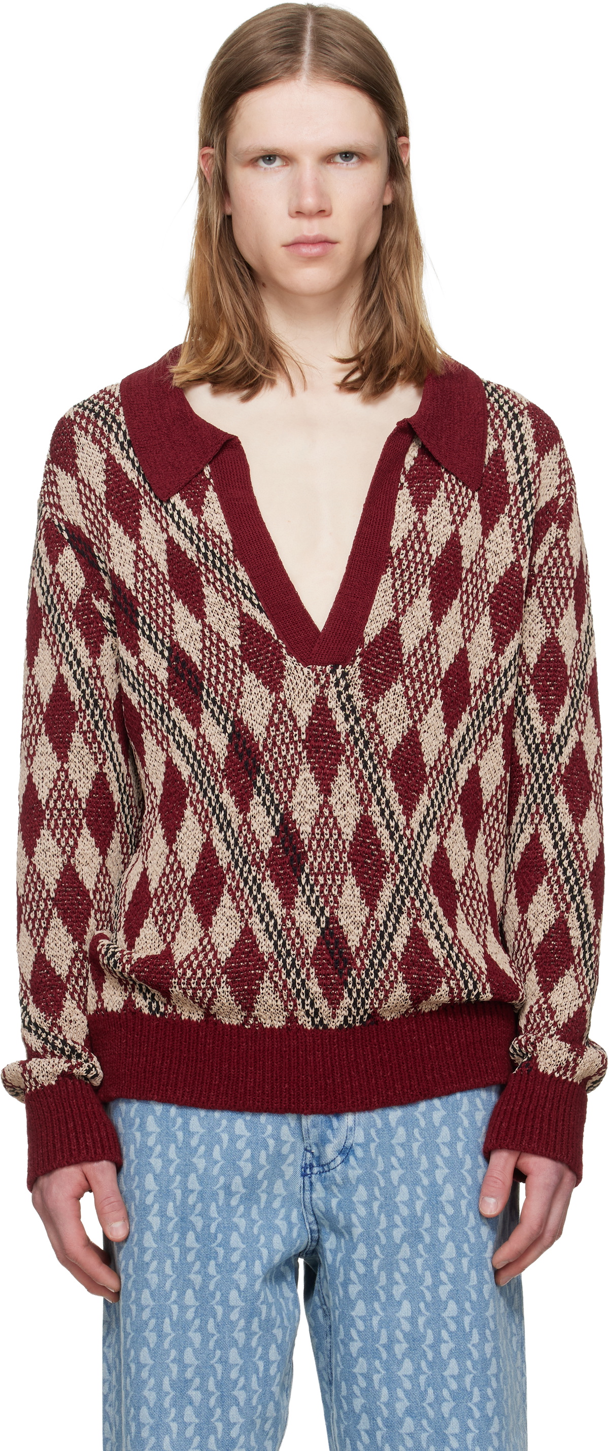 Dries Van Noten Burgundy & Beige Argyle Polo