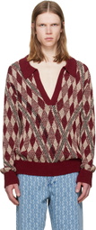 Dries Van Noten Burgundy & Beige Argyle Polo