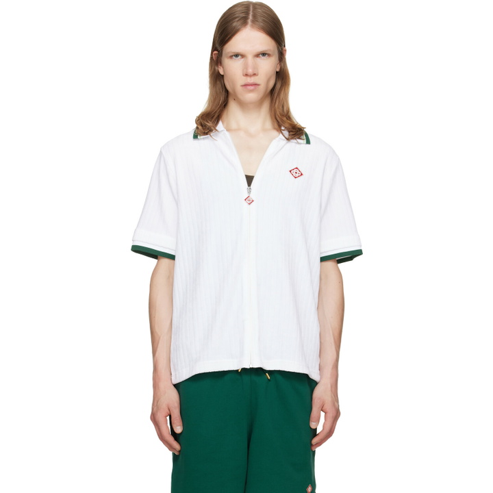 Photo: Casablanca White Striped Velour Zip‑Up Short Sleeve Shirt