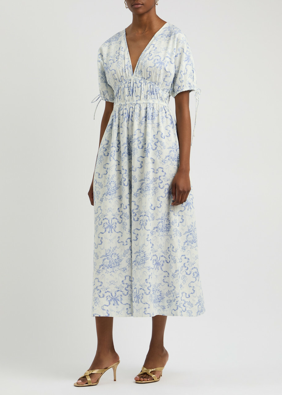 Loveshackfancy Mastey Printed Cotton Midi Dress Blue
