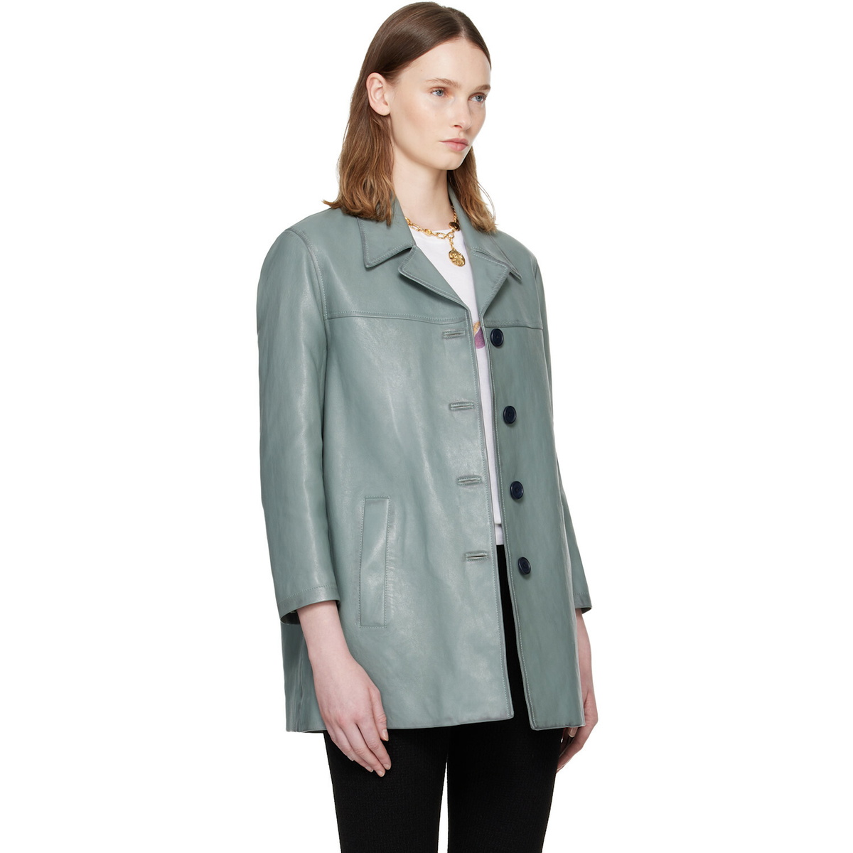 Chloé Blue Single-Breasted Long Leather Jacket