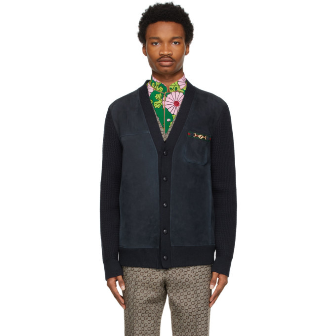 Photo: Gucci Navy Suede Wool Horsebit Cardigan