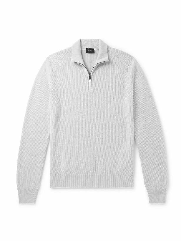 Photo: Brioni - Ribbed Cashmere, Wool and Silk-Blend Half-Zip Sweater - Gray