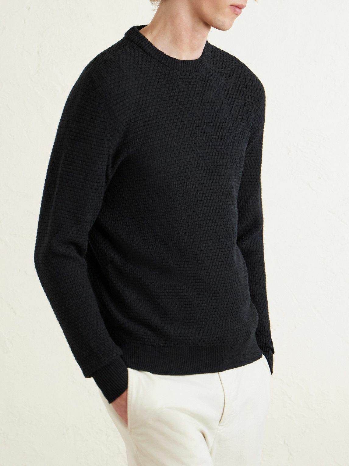Inis Meáin - Caoladóir Basketweave Textured Cotton and Cashmere-Blend Sweater - Black