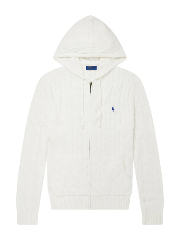 Photo: Polo Ralph Lauren - Logo-Embriodered Cable-Knit Cotton Zip-Up Hoodie - White