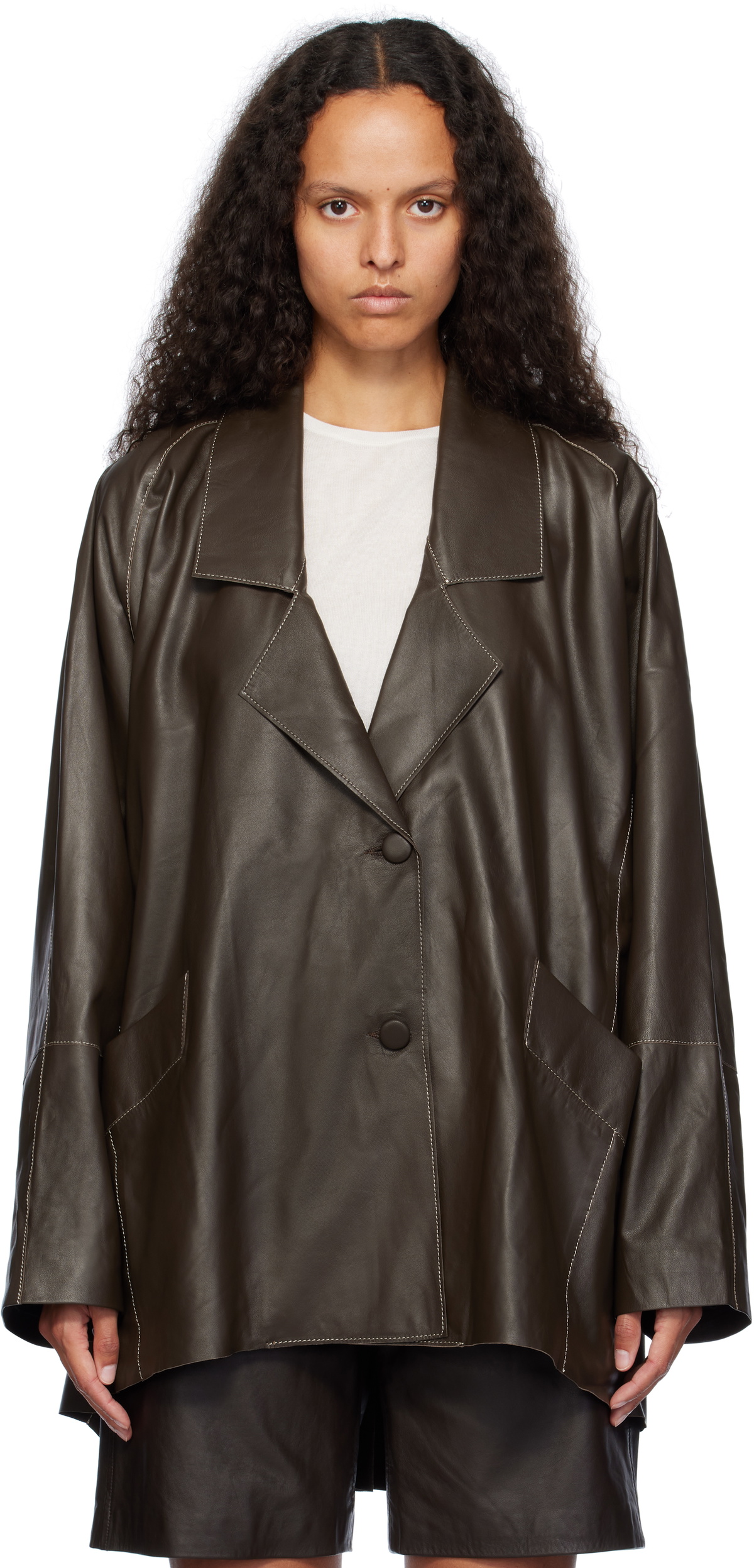 REMAIN Birger Christensen Brown Wide Leather Jacket