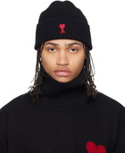 AMI Paris Black Wool Contrasted Ami de Coeur Beanie