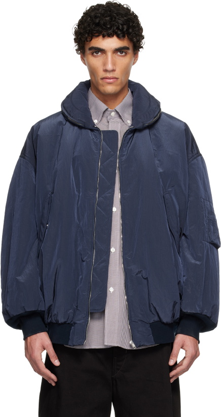 Photo: Hed Mayner Navy Crinkled Bomber Jacket