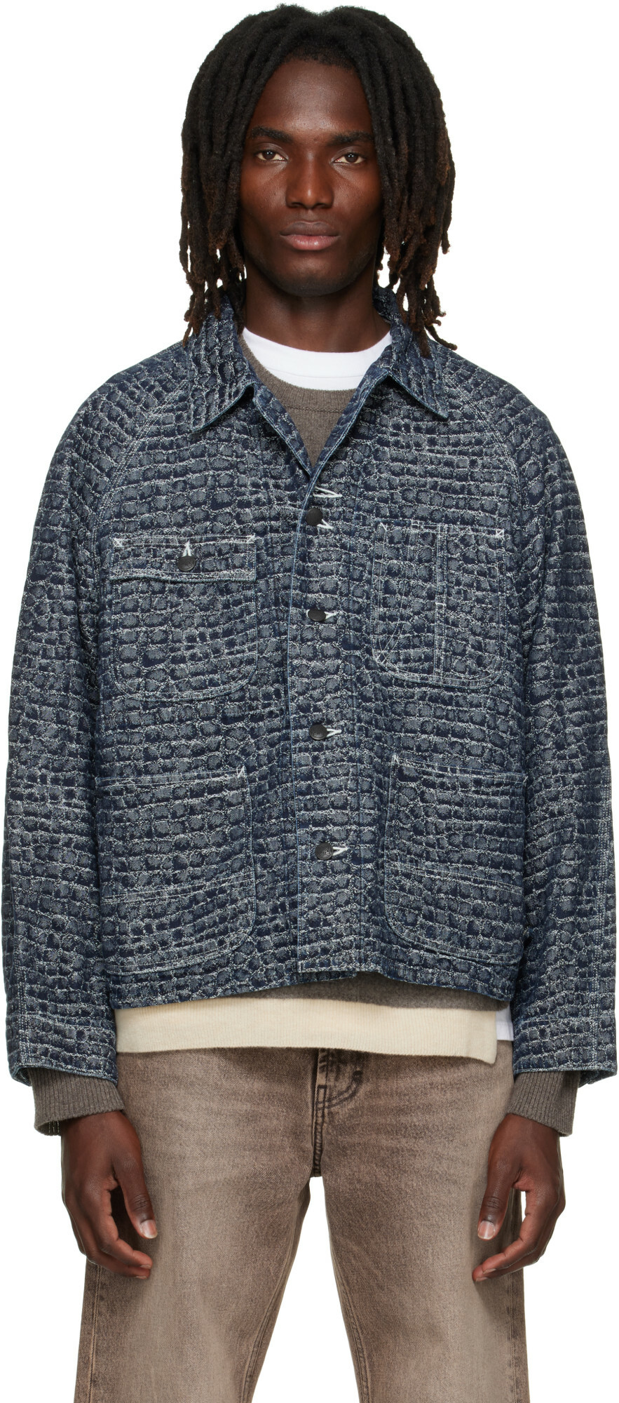 NEEDLES Navy Crocodile Jacquard Short Denim Jacket