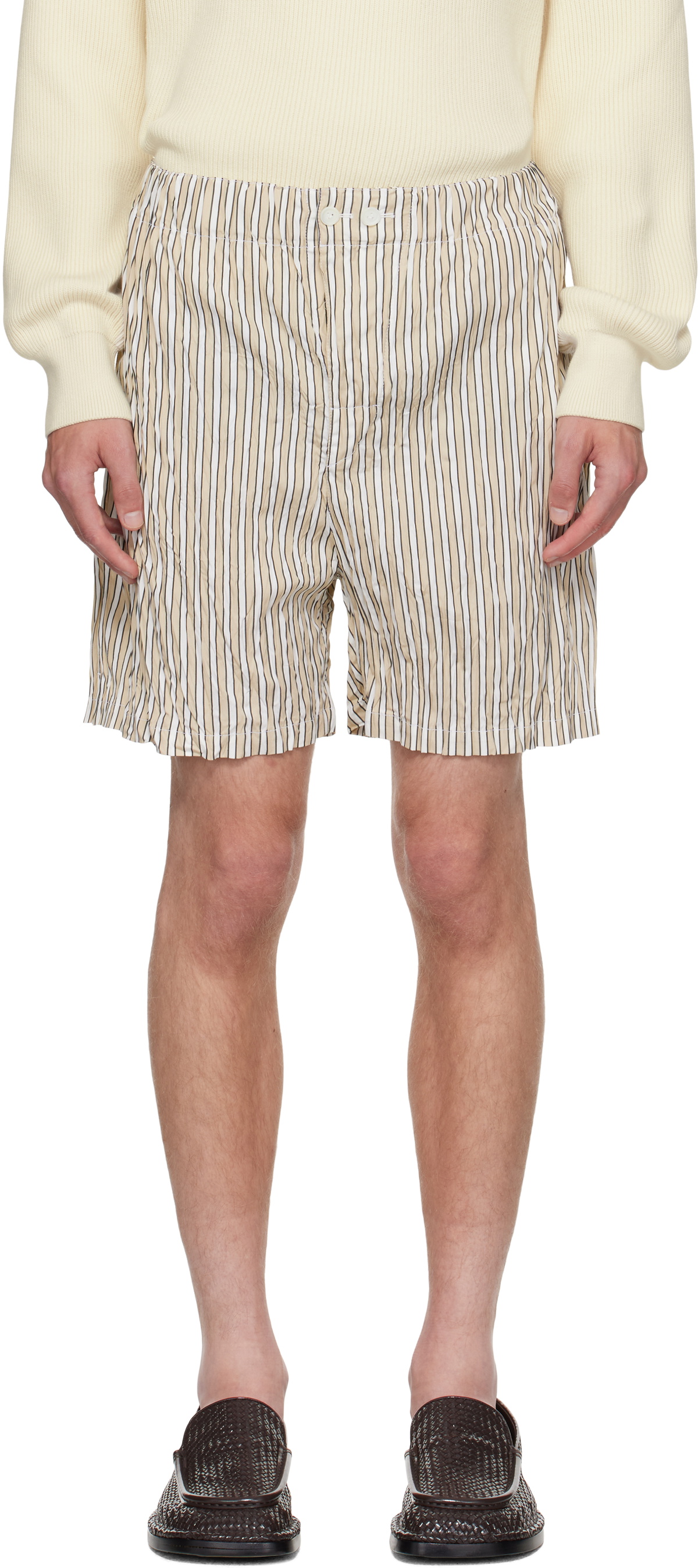 Bottega Veneta Beige & White Crushed Tech Cotton Stripe Shorts