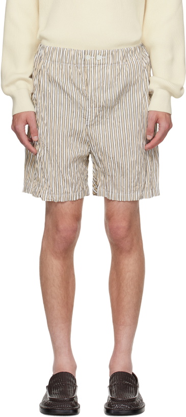Photo: Bottega Veneta Beige & White Crushed Tech Cotton Stripe Shorts